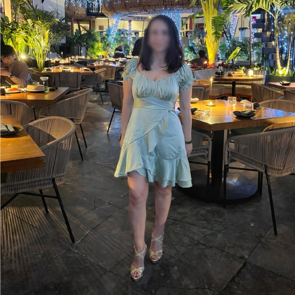 O. Vianca Sage Green Tie Back Satin Romper Dress. Off Shoulder.